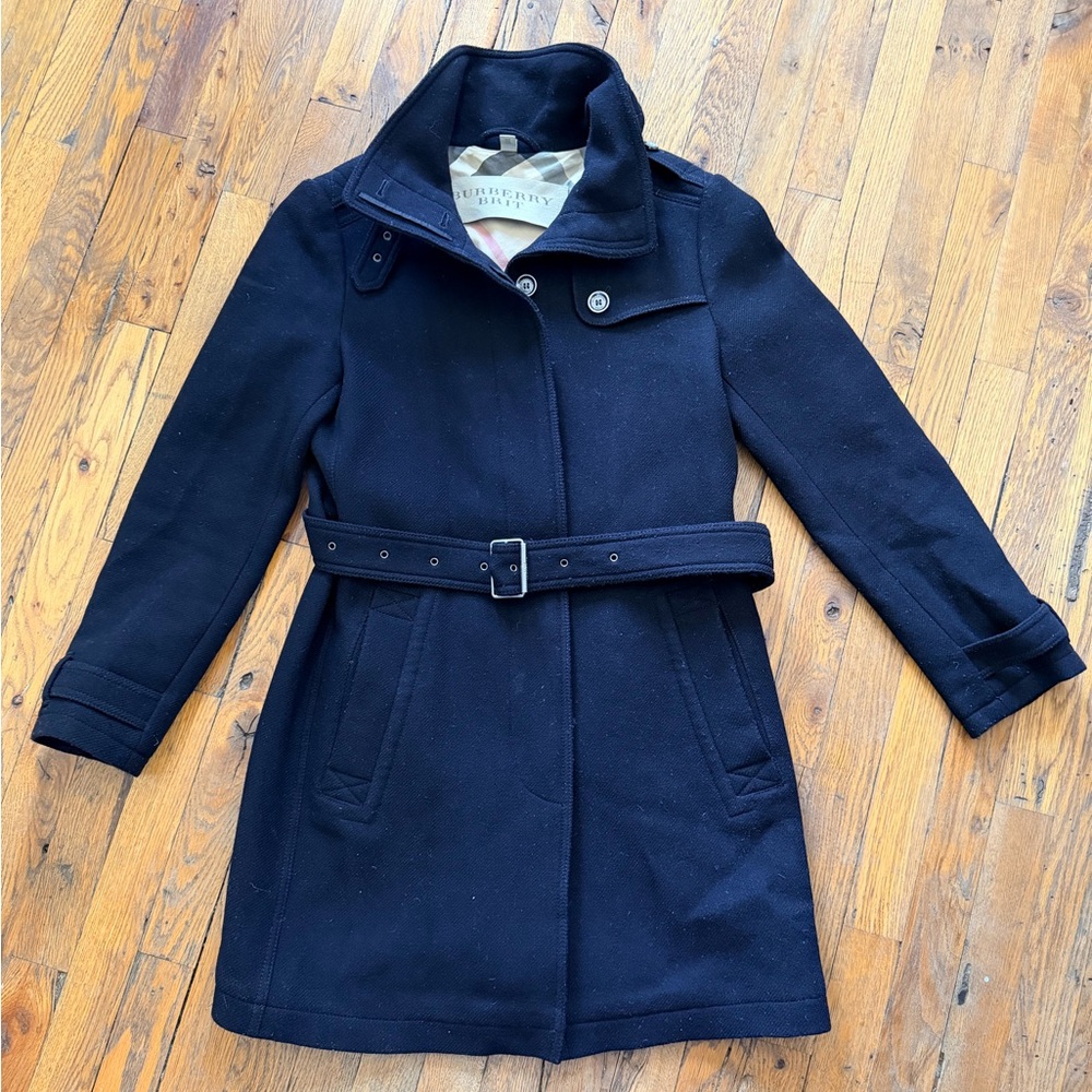 Burberry Brit Black Belted Wool Trench Coat Women’s Sz US10
